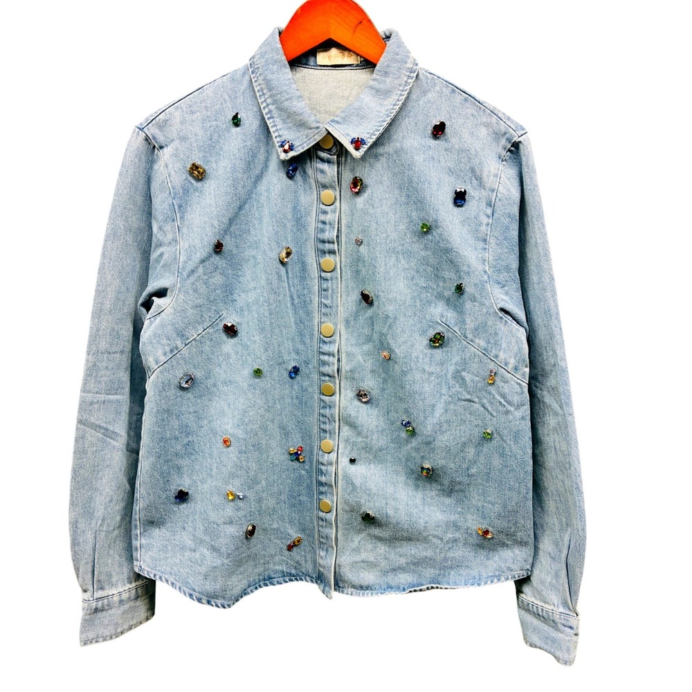 Ivy City Co Denim Jacket Women's M Light Wash Gem Embellished Snap Front Top